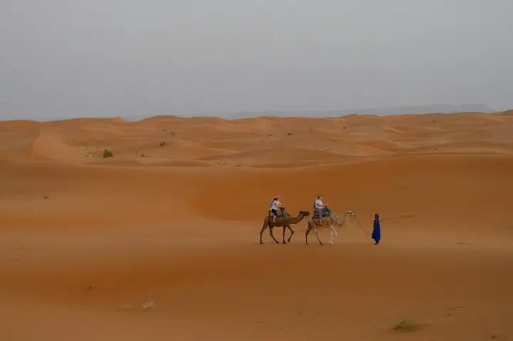 Pequeña caravana cruzando una llanura de dunas