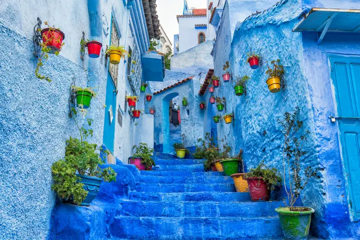 Escaleras azules con macetas de colores en Chefchaouen