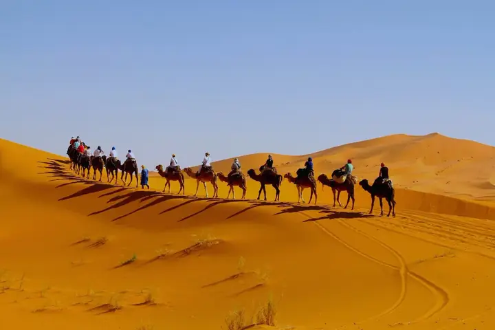 Caravana proyectando su sombra sobre una duna