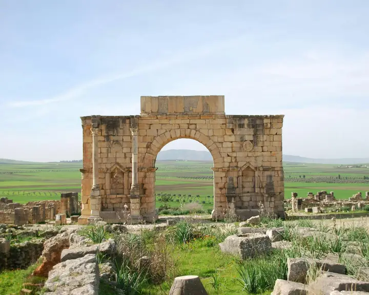 Arco de triunfo de Volubilis entre campos verdes